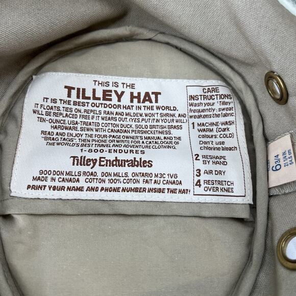 Tilley Hat Beige Canvas Outdoor Snap Brim Boonie Hat Chin Strap Womens 6 3/4